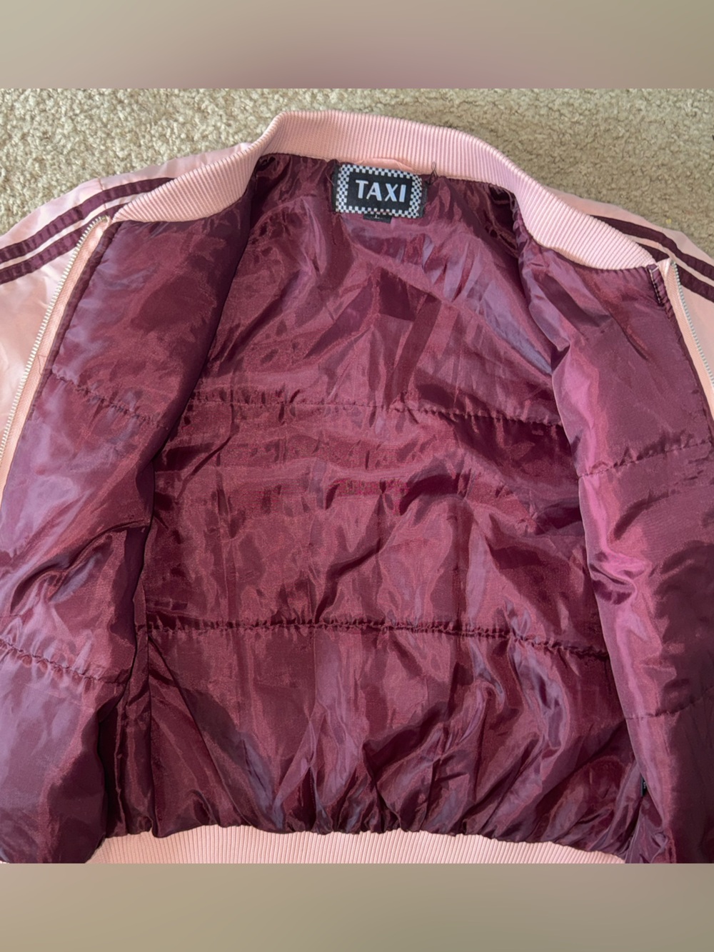TAXI Pink Bomber Jacket‎ Burgundy Stripe Zip Front Lightweight Size Large - Picture 8 of 9